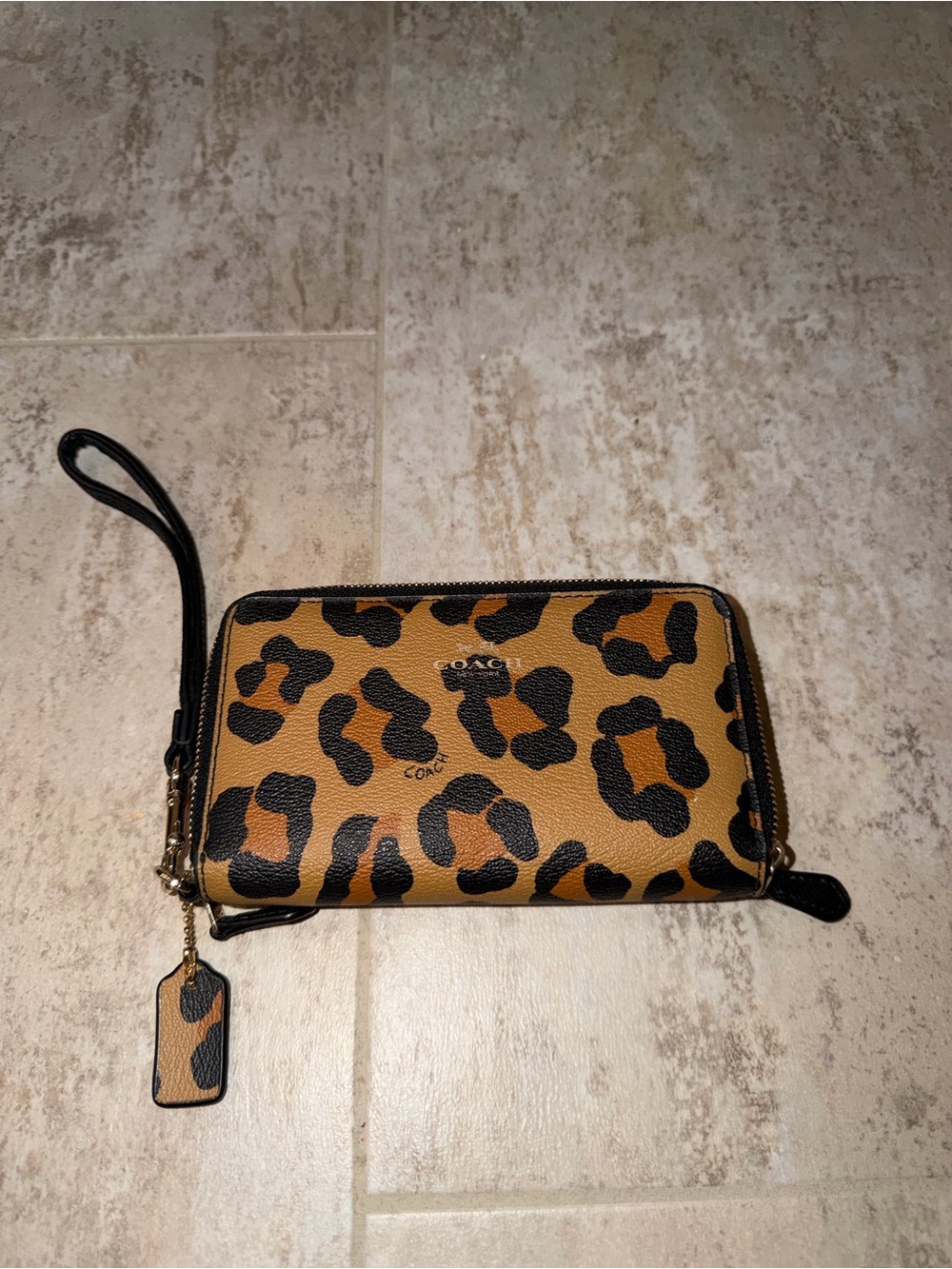 COACH Leopard Print Zip Wristlet in Tan and Black